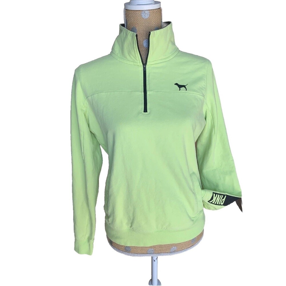 Victoria's Secret PINK Love Quarter Zip Sweatshirt Womens S Neon Lime Green VTG